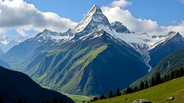 Breathtaking panorama of mount ushba rising majestically over a picturesque valley in the caucasus mountains, highlighting the serene beauty of snow-capped peaks and lush green slopes