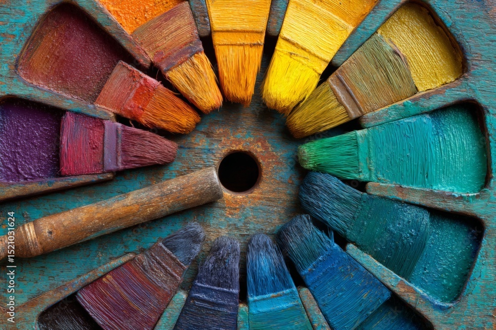 Poster Vibrant color palette with paintbrushes arranged in a circular pattern on a rustic wooden background