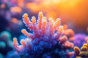Fototapeta premium Vibrant coral polyps in a reef, showcasing stunning colors and textures under warm light.