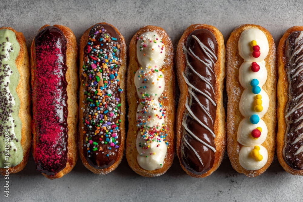 Aufkleber Colorful eclairs lined up in a bakery display with various toppings and fillings