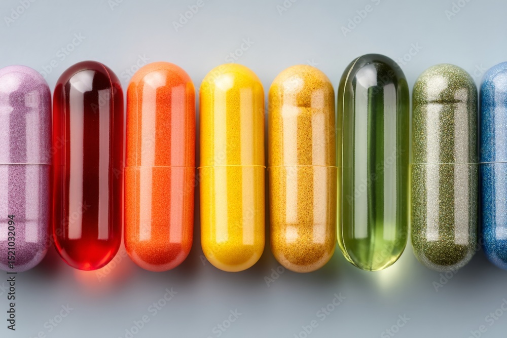 Aufkleber colorful capsules arranged in a row showcasing a variety of vibrant colors and textures on a light b