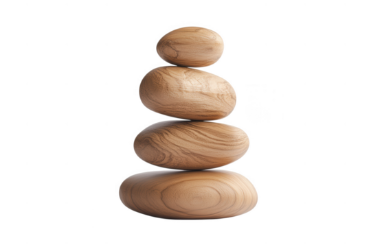 Stack of four light brown wooden stones isolated on transparent background