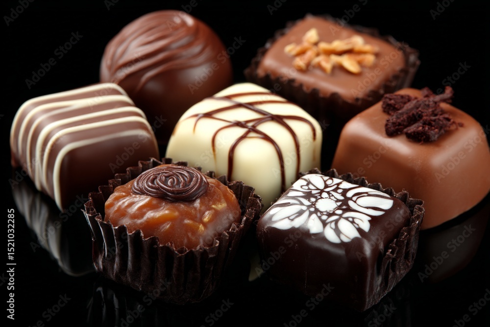 Poster delicious assortment of handmade chocolates displayed on a dark background
