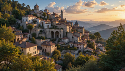 Picturesque Hillside Village at Sunset
