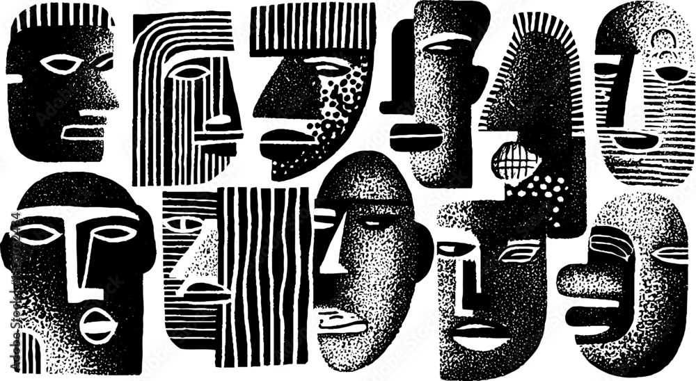 Poster engraved illustration set of abstract layered faces and geometric patterns