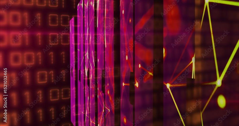 Poster image of network of connections and data processing on dark background