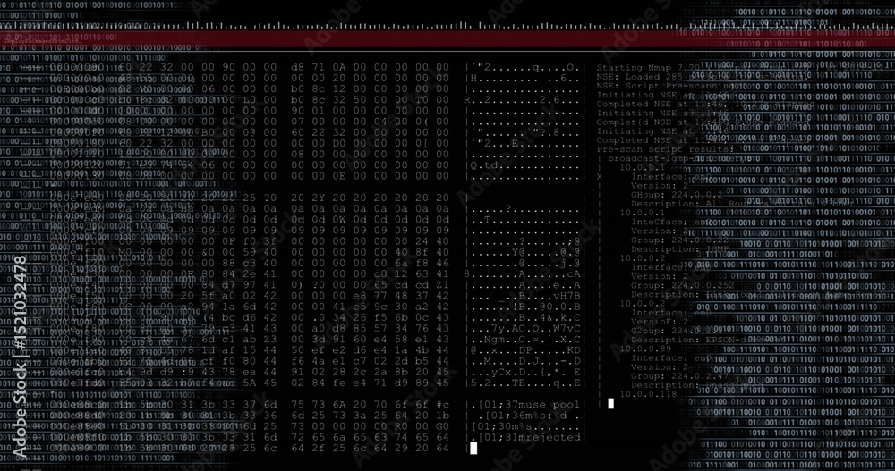 Poster image of data text and white cursor processing on screen with black background