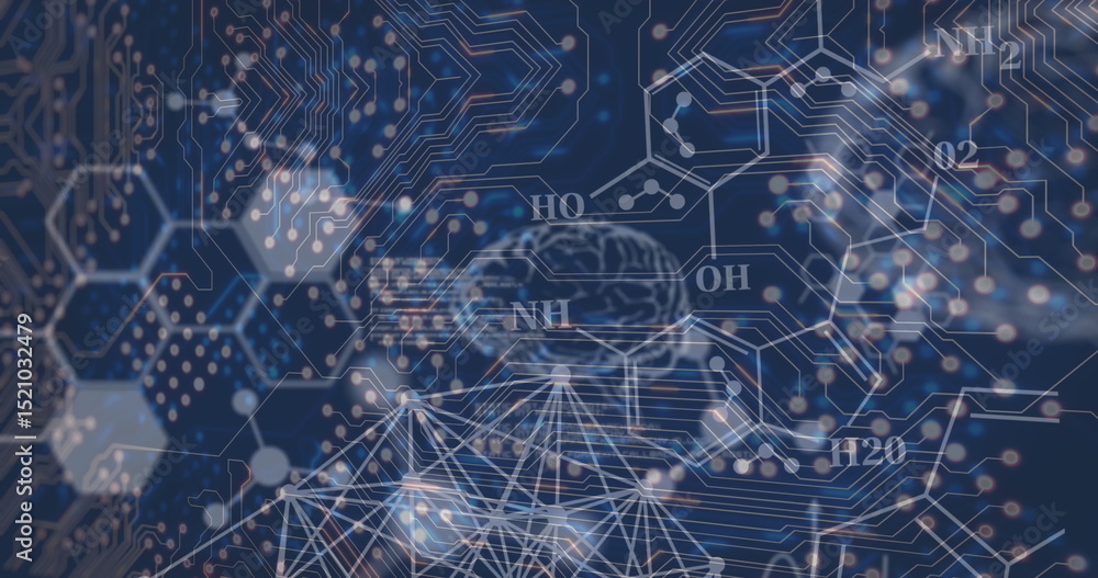 Poster image of data processing and network of connections over black background