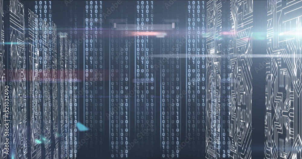 Poster image of data processing and light trails on black background