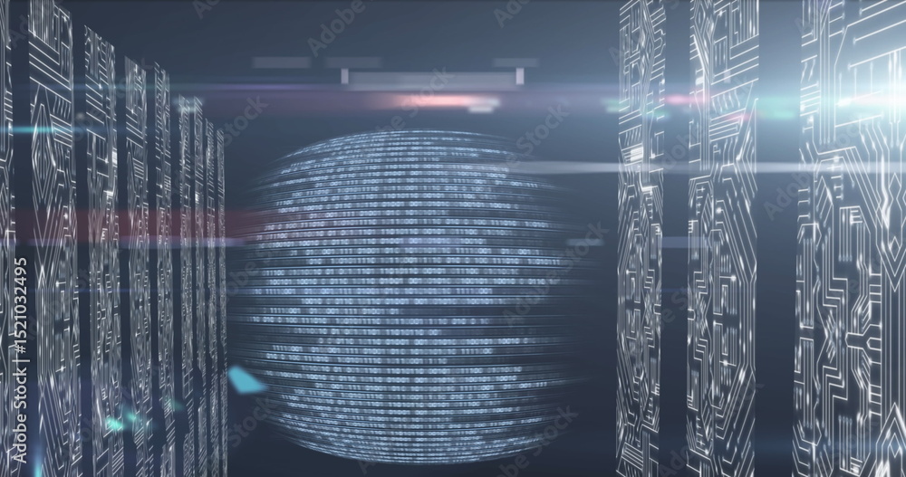 Poster image of computer circuit board over data processing on black background