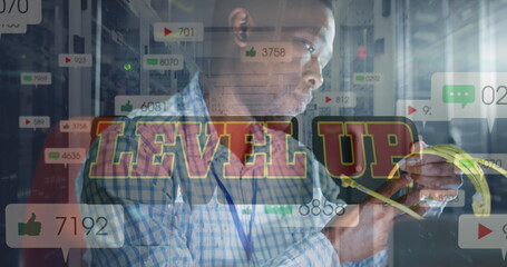 Image of level up text and falling icons african american worker