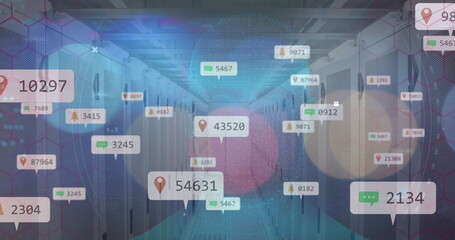 Image of social media icons over server room