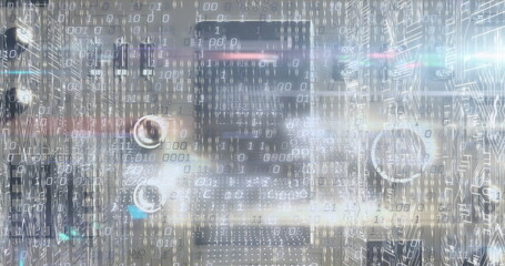 Image of falling digital data processing over grey background