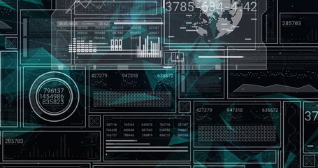 Image of globe and data processing on black background