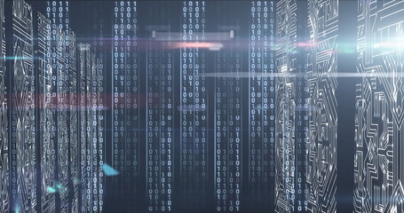 Image of data processing and light trails on black background