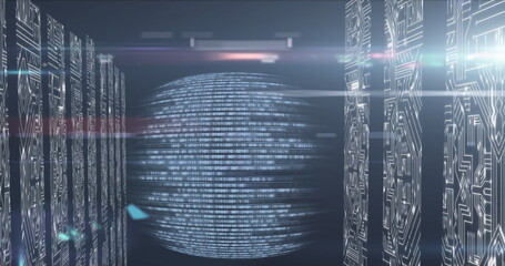 Image of computer circuit board over data processing on black background