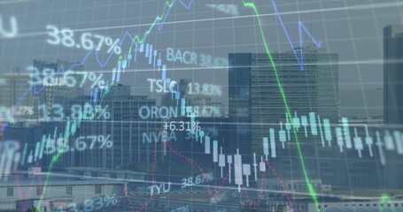 Image of financial data and graphs over cityscape