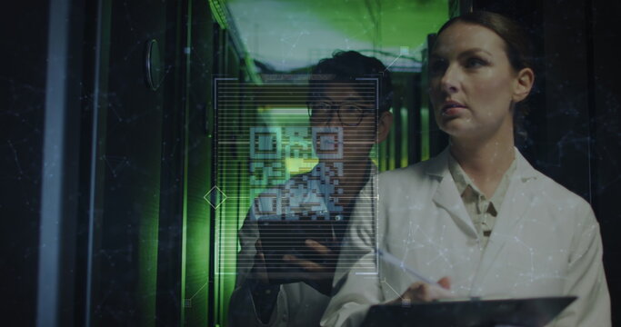 Image of data processing with qr code over diverse business people in server room