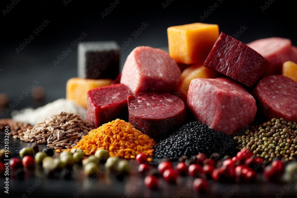 Poster Assorted spices and meats arranged in an artistic display on dark background ready for a culinary creation