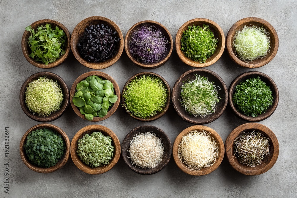 Aufkleber fresh assortment of sprouts and greens arranged in wooden bowls on a textured surface