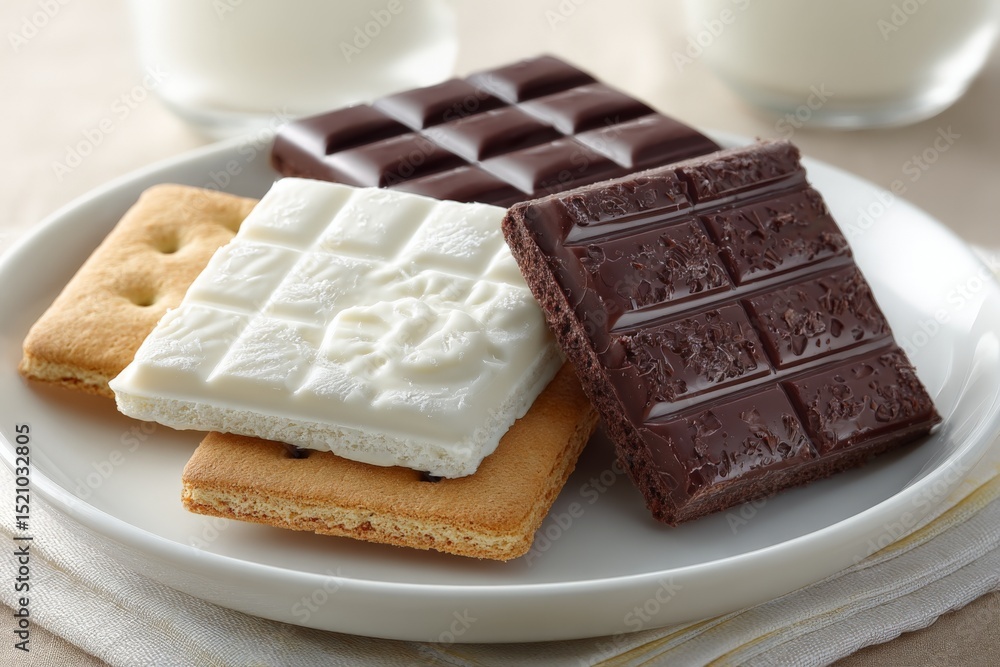 Poster assorted chocolate bars and biscuits served on a white plate with milk in the background during a co