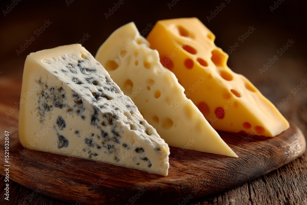 Poster varieties of cheese displayed on a wooden board with vibrant textures and colors in a cozy setting