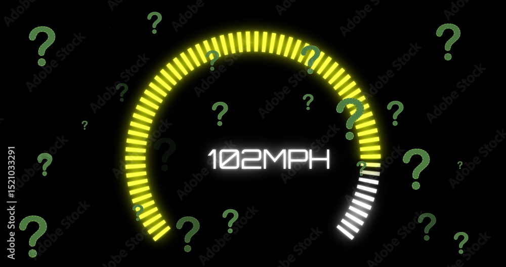 Poster image of question marks over speedometer on black background