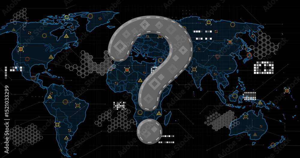 Aufkleber image of question mark over world map and icons on black background