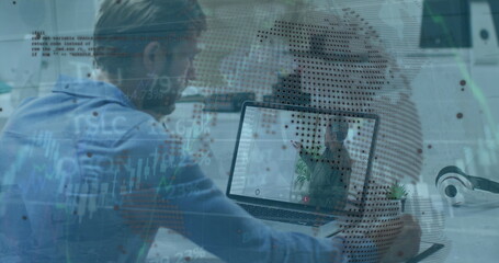 Image of data processing and globe over caucasian businessman using laptop