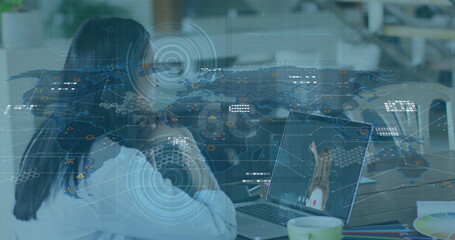 Image of icons, 6g and world map over woman having image call on laptop