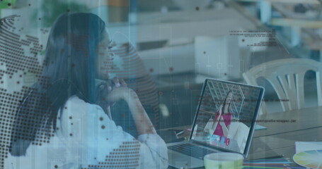 Image of globe and data processing over woman having image call on laptop