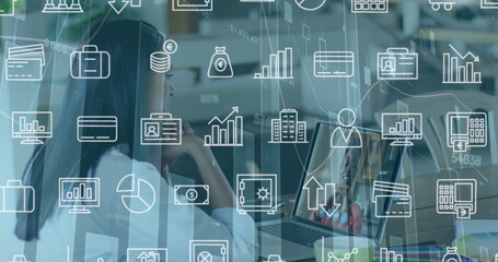 Image of financial icons over woman having image call on laptop