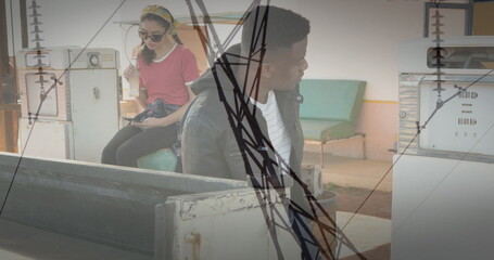 Network of profile icons over composite image of profile icons against delivery colorful belt