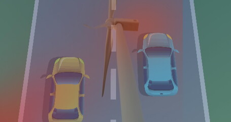 Image of wind turbine over road and cars