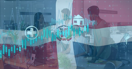 Image of financial data processing over business people in office