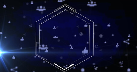 Image of hexagon and social media icons over navy background