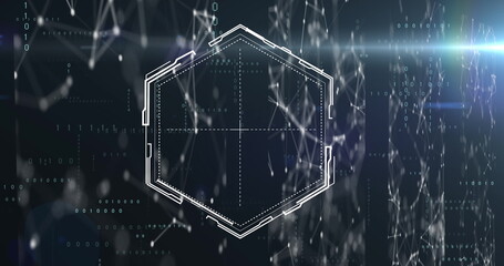 Image of hexagon, lights and connections over black background