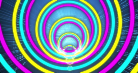 Image of purple, yellow and mint neon circles moving over blue background with data processing