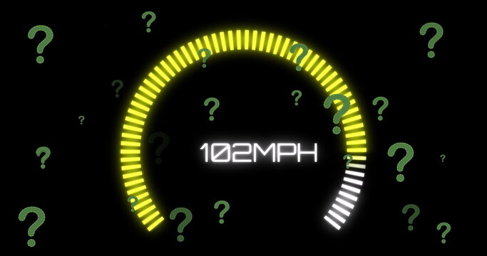 Image of question marks over speedometer on black background - Powered by Adobe