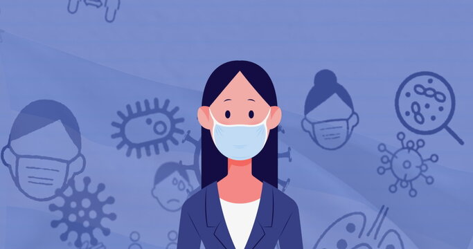 Image of woman in face mask over virus cells and icons on violet background - Powered by Adobe