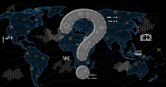 Image of question mark over world map and icons on black background