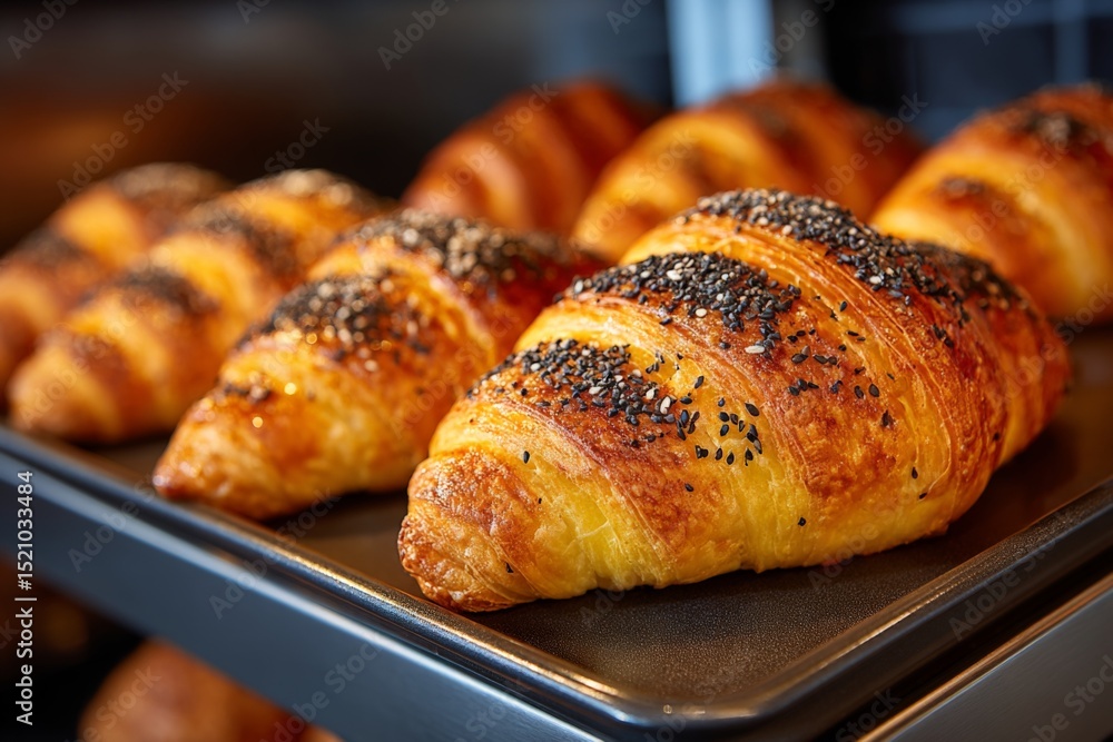 Poster freshly baked croissants with sesame seeds displayed on a tray in a bakery