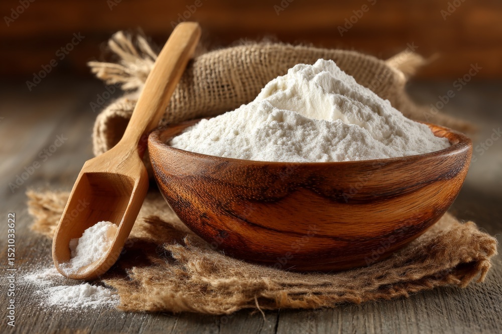 Poster high-quality flour in a wooden bowl with a scoop on a rustic table