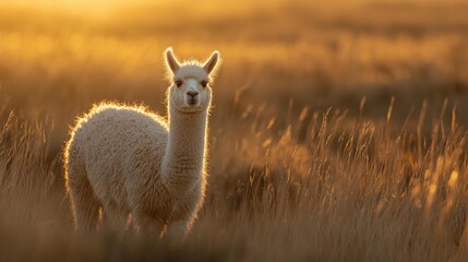 Fototapeta premium Photograph of a white alpaca standing in a field of tall, golden grass. the alpacas are facing the camera and appear to be looking directly at the camera.