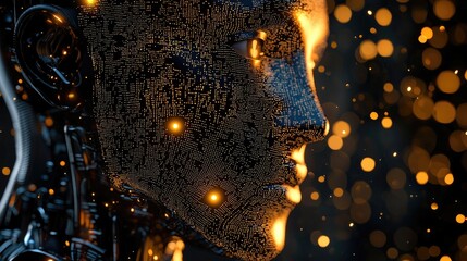 Metallic, futuristic robot face portrait with glowing particles.