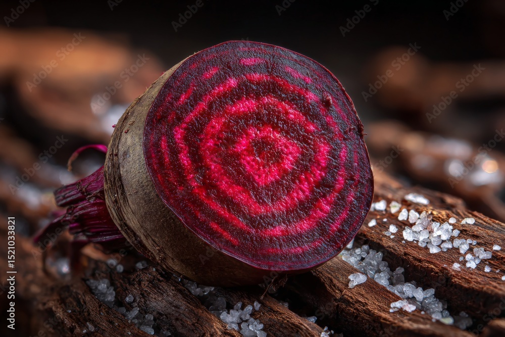 Poster Close up of a beetroot slice revealing intricate patterns and vibrant color against a textured wood background