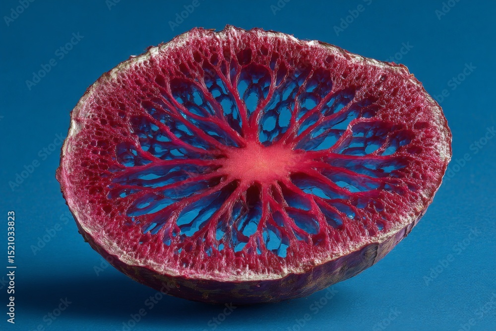 Poster unique cross-section of a bright red fruit showcasing intricate patterns against a blue background