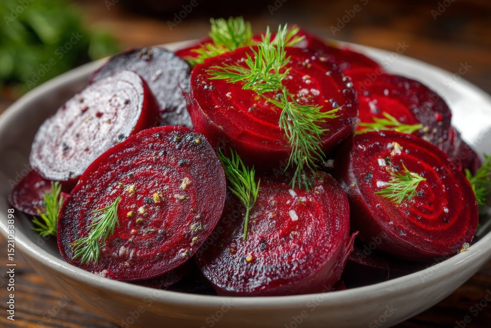 Poster freshly sliced beets seasoned with herbs on a rustic wooden table