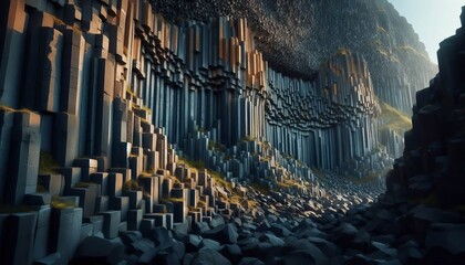 A basalt cliff face with columns like organ pipes echoing hollow