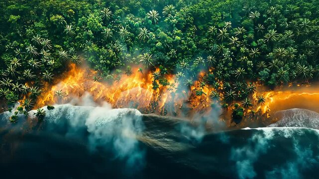 Forest Fire Near Sea Beach Burning Trees Wildfire Coastal Blaze Smoke Rising Beach Fire Natural Disaster Firestorm Near Ocean Flames
